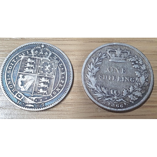 880 - Two Queen Victoria shillings, 1866 young head and a 1887 jubilee head (2)