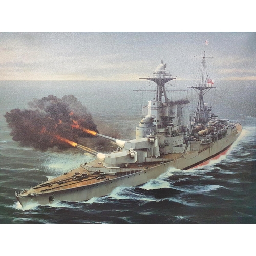 905 - Ivan BERRYMAN (born 1958) 2003 canvas print depicting H.M.S Hood firing its front two guns in fine q... 