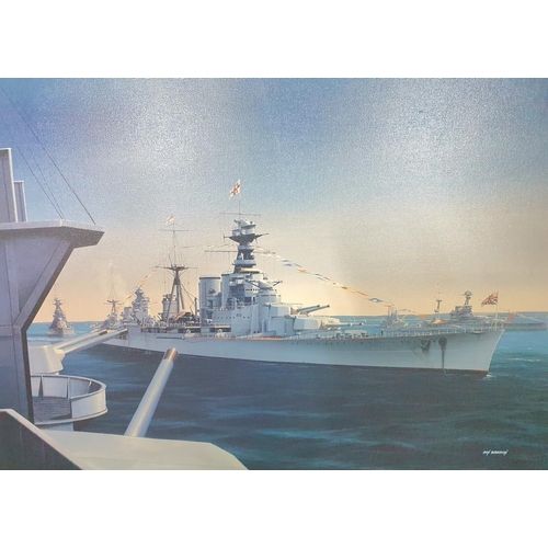 907 - Ivan BERRYMAN (born 1958) canvas print depicting H.M.S Hood in convoy in fine quality frame,

The pr... 