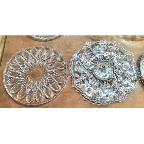 1121 - Three cut-glass cake stands together with other cut glass dishes and a white metal serving tray (Qty... 