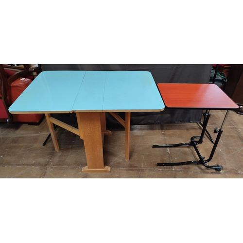 1166 - Drop-leaf, blue top dining table and a trolley (2)