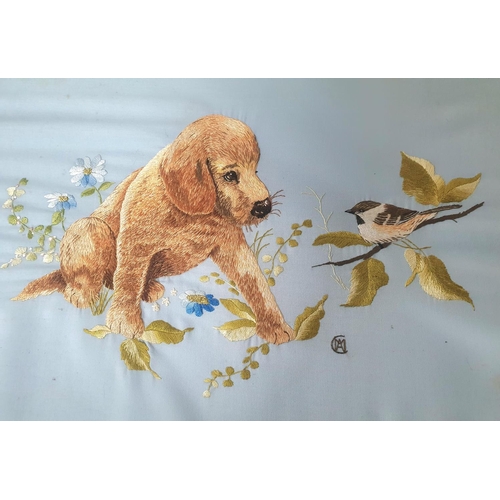 1171 - Fine quality, monogrammed 20thC silk work picture depicting a puppy watching a bird on a branch