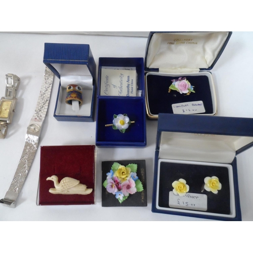 16 - Fine quality, boxed enamelled thimble together with 2 watches and boxed ceramic posy brooches etc (Q... 