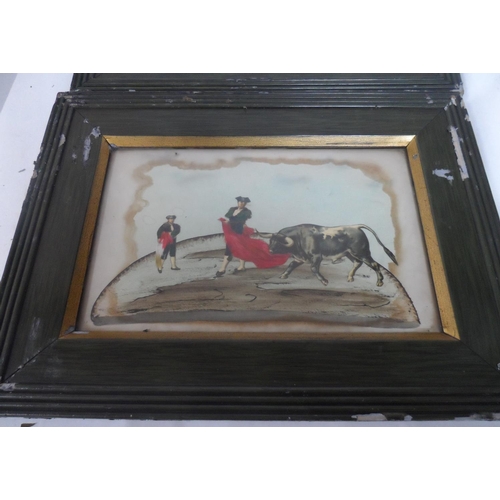 153 - Pair of 20thC Spanish Bull fighting watercolour and collage pictures, both in matching frames (2)