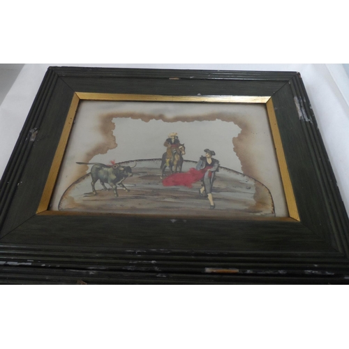 153 - Pair of 20thC Spanish Bull fighting watercolour and collage pictures, both in matching frames (2)