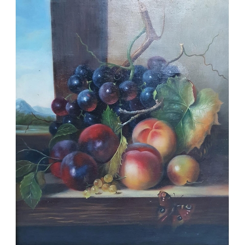 166 - Fine quality unsigned modern oil on canvas depicting fruit in wide gilt coloured frame,

The oil mea... 