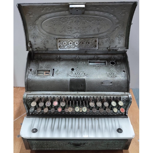 223 - Rare Antique Stevensons National cash register till, #33139, together with two modern table lamps (3... 