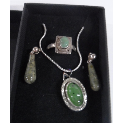 35 - Jade and silver set containing necklace & pendant, ring and earrings in presentation box