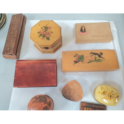 73 - Collection of small antique wooden & papier mache boxes together with 3 cribbage boards (Qty)