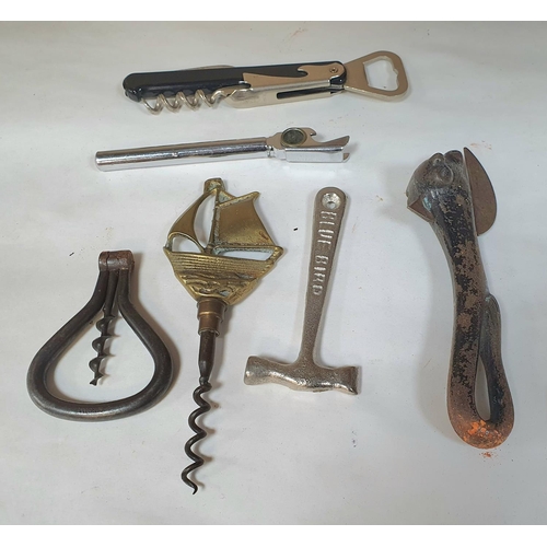 170 - Collection of 20thC corkscrews and a cased hip flask and an old, boxed glass cutter (Qty)