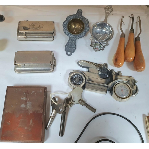 203 - Collection of antiques and collectables including a rug beater, old Brinco pencil sharpner, old RAF ... 