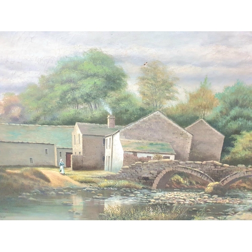 286 - Large W Baldwin 1919 oil on canvas painting depicting a riverside mill in good quality wood frame,

... 