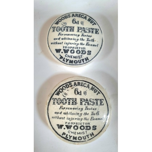 107 - Pair of antique pot lids for Woods Areca Nut Tooth Paste from W Woods of Plymouth together with a st... 