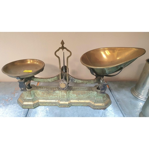 98 - Set of antique Avery shop scales together with 3 tankards etc