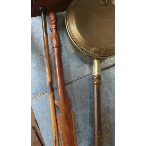 160 - Antique copper bedpan, a antique swagger stick and a carved African 20thC spear (3)