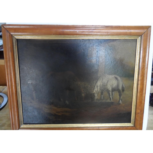 174 - Unsigned early 19thC, oil on board painting depicting 2 horses feeding in a barn in fine quality old... 