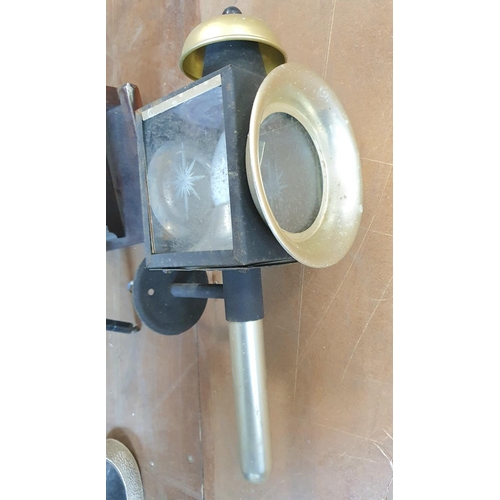 204 - Old tri-pod, possibly military, a wooden wall sconce, coach style light and a brass converted oil la... 