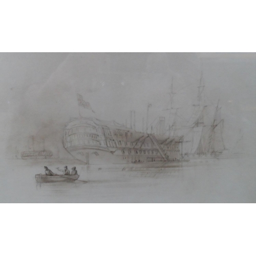 233B - Two unsigned, early 19thC sepia watercolour seascapes, both framed with gallery label verso (2),

Bo... 