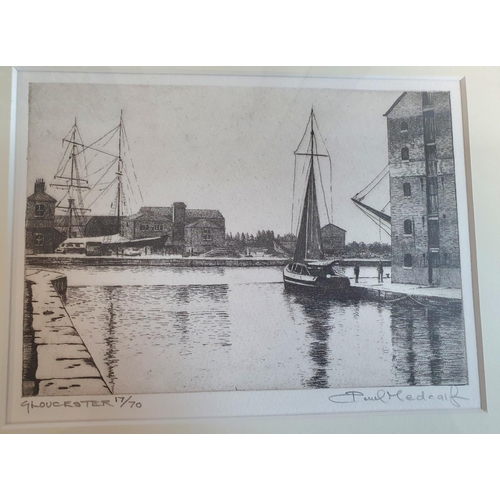 281 - Paul Medcalf (British 20/21stC) signed in pencil limited edition (17/70) etching of Gloucester Docks... 