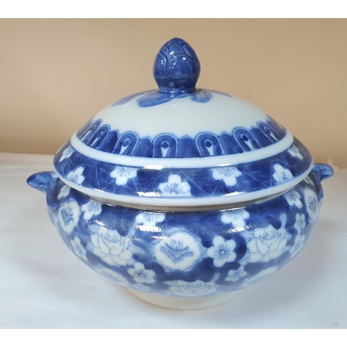 296 - A CHINESE LIDDED BLUE & WHITE PRUNUS BLOSSOM PATTERN PORCELAIN LIDDED TUREEN, QIANLONG SEAL MARK TO ... 