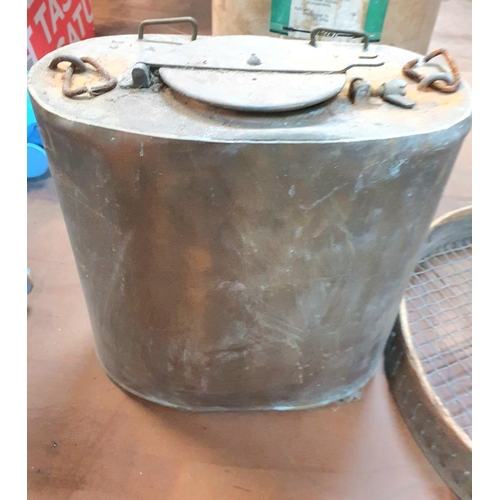 387 - Large metal container (possibly copper?) large circular thick cardboard storage drum and an old, ove... 