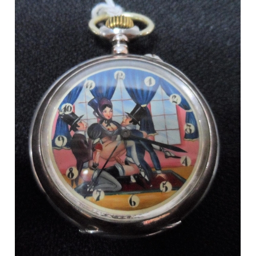 18 - German antique 800 silver pocket watch, hand-painted erotic face