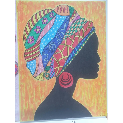 395 - Indistinctly signed modern oil on canvas portrait of an African lady in profile together with 3 unsi... 