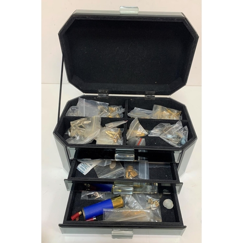 205 - Small glass costume box containing a quantity of cuff-links, lipsticks, locket etc