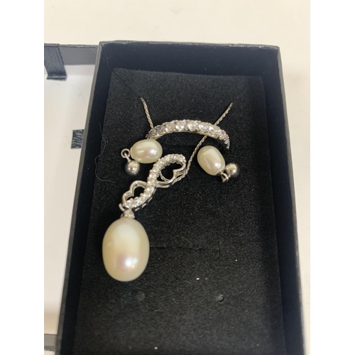 223 - 925 silver CZ and pearl necklace, pendant and earring set