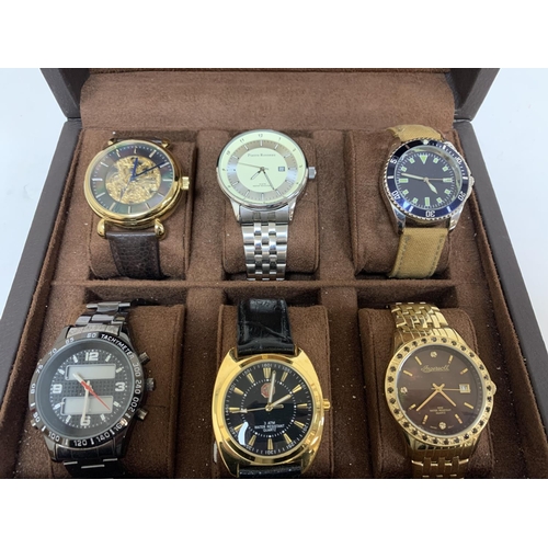 245 - Good quality watch box containing 6 gents watches including Ingesoll and MG examples