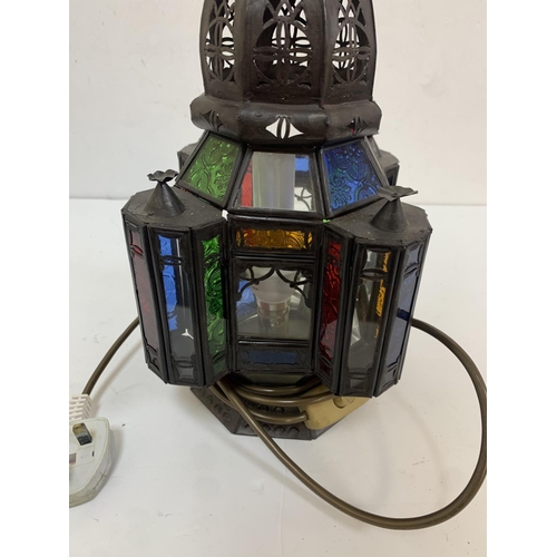 275 - North African lantern with coloured glass converted to a table lamp