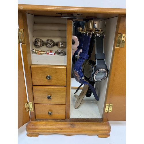 291 - Fine quality, inlaid wooden jewellery box in the form of a wardrobe together with contents