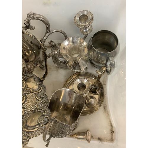 299 - Box of old silver plate items including a pair of Georgian style candle sticks, cased fish knives et... 