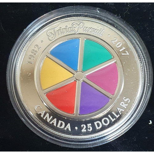 411 - Canada: 2017 $25 35th Anniversary of Trivial Pursuit Game Silver Piedfort Coin in presentation box