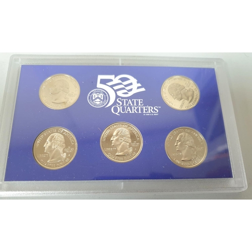 414 - Proof Set of 5 cased 50 state USA quarters together with 4, 24 ct gold covered quarters