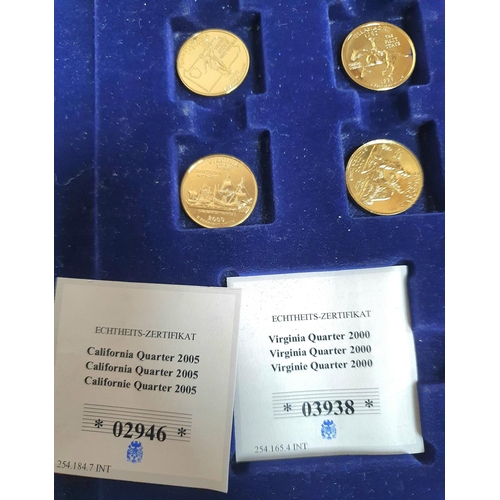 414 - Proof Set of 5 cased 50 state USA quarters together with 4, 24 ct gold covered quarters