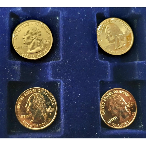 414 - Proof Set of 5 cased 50 state USA quarters together with 4, 24 ct gold covered quarters