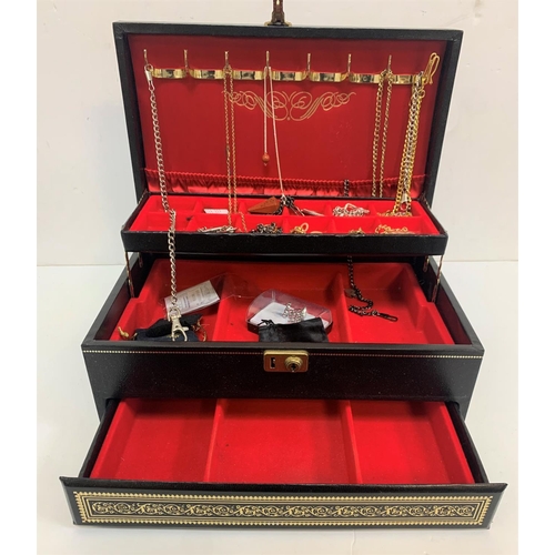 321 - Fine quality, leather covered jewellery box with contents of costume jewellery