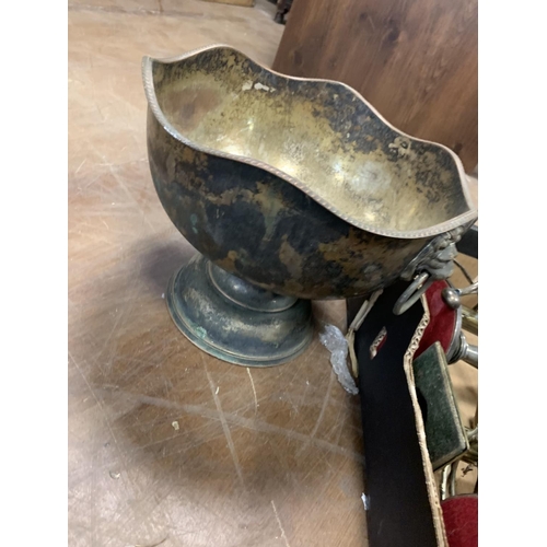 410 - Antique silver plate punch bowl together with a box full of brass and other metalware (Qty)