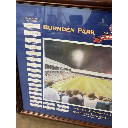 487 - Framed Bolton Wanderers F C v Charlton 1997, last match at Burnden Park, signed by all the players