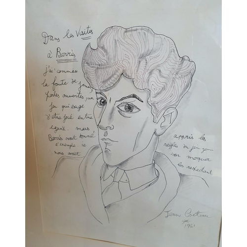 286 - After Jean Cocteau, bears signature & 1961 date, graphite, portrait of a young man, framed and glaze... 