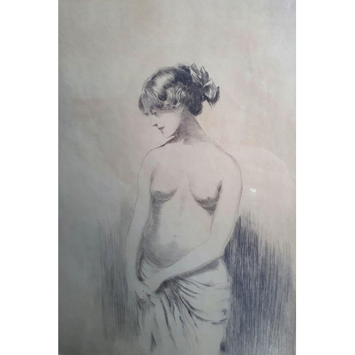 308 - Fine quality, early 20thC, etching, three-quarters portrait of a topless lady, signed in pencil CLOC... 