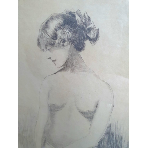 308 - Fine quality, early 20thC, etching, three-quarters portrait of a topless lady, signed in pencil CLOC... 