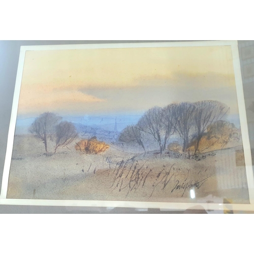 346 - Indistinctly signed landscape watercolour in thin aluminium frame,

The w/c measures 18 x 24 cm