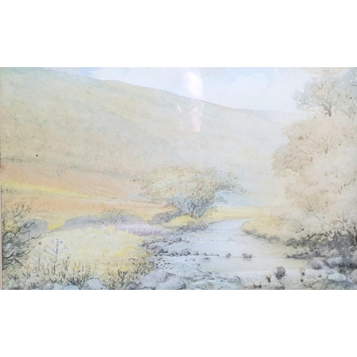 349 - Antique watercolour of a country stream together with an antique frame print of the Great Exhibition... 