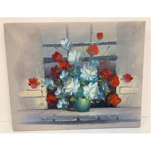 425 - Rene Cox basket of flowers, oil on canvas together with another similar (2)