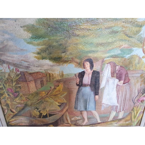 135 - Stunning 1950s/60s indistinctly signed French surrealist school oil on board, ladies in country gard... 