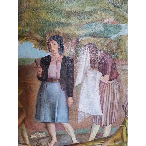 135 - Stunning 1950s/60s indistinctly signed French surrealist school oil on board, ladies in country gard... 