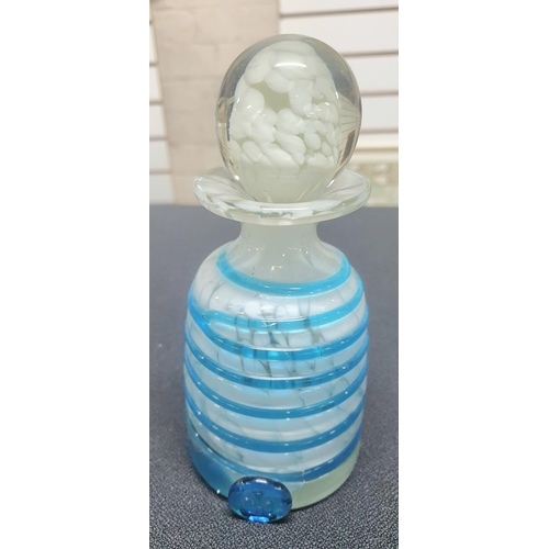 87 - Unusual Mdina blue & white perfume bottle with Maltese cross to front, Mdina mushroom an Isle of Wig... 