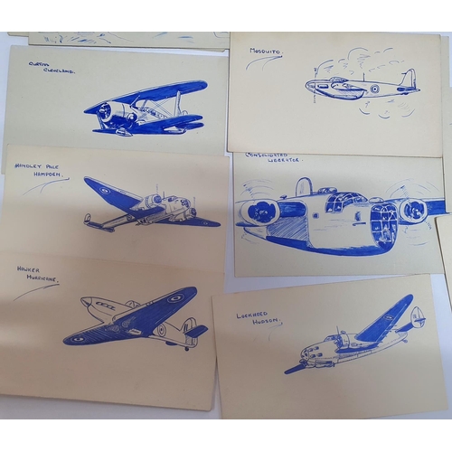 168 - Important period collection of 40+ pen and ink plane sketches, executed on the back of blank postcar... 